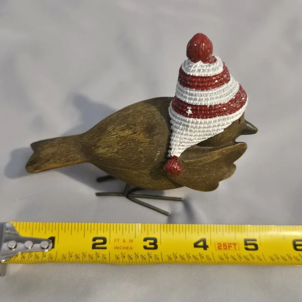 Christmas Bird Figurine Red White Winter Hat Pom Pom Rustic Holiday Decor 4